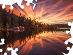 Drzewa, Jezioro, Domki, Las, Norwegia, Ringerike, Odbicie, C