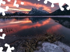 Śnieg, Zachód słońca, Góry, Odbicie, Jezioro