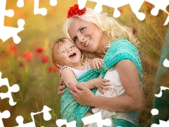 Kwiaty, Radość, Kobieta, Dziecko