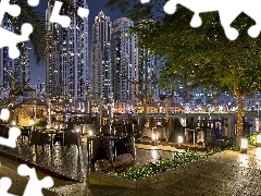 Miasto, Restauracja, Światła, Wieżowce, Zjednoczone Emiraty Arabskie, Dubaj, Zmierzch, Taras