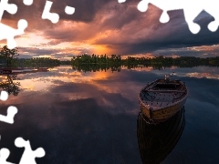 Drzewa, Pomost, Jezioro, Zachód słońca, Łódka