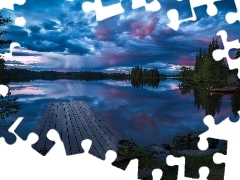 Drzewa, Zachmurzone, Pomost, Norwegia, Niebo, Ringerike, Jezioro
