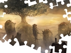 Człowiek, Mgła, Drzewo, Fantasy, Skały