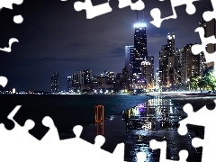 Jezioro Michigan, Wieżowce, Stany Zjednoczone, Noc, Chicago