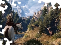 Szczyty, Jeleń, Lasy, Gra, Twierdza, Wiedźmin 3: Dziki Gon - The Witcher 3: Wild Hunt, Koń