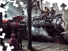 Lokomotywa, Pociąg, Dworzec, Steampunk, Peron