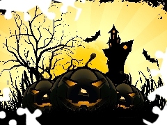Zamek, Dynie, Halloween, Nietoperze, Trzy