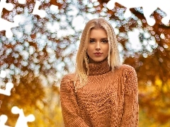 Jesień, Drzewa, Kobieta, Bokeh, Blondynka
