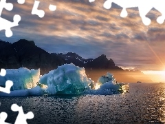 Bryły, Wschód Słońca, Grenlandia, Lód, Fiord Kangertitt