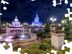 Disneyland, Walt Disney World Resort, Światła, Fontanna, Stany Zjednoczone, Stan Floryda, Noc, Miasto Bay Lake