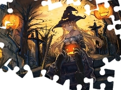 Dynie, Dom, Schody, Halloween, Księżyc, Czarownica, Dziewczyna
