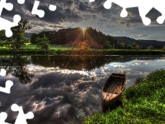Rzeka, Słońca, Łódka, Zachód