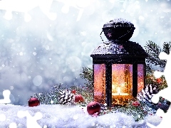Śnieg, Bombki, Gałązki, Kompozycja, Szyszki, Boże Narodzenie, Lampion