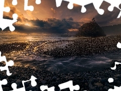 Góra, Stan Oregon, Morze, Zachód słońca, Wybrzeże, Stany Zjednoczone, Ocean Spokojny, Drzewo, Chmury, Kamienie