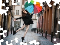 Radość, Ulica, Kolorowy, Parasol, Dziewczyna