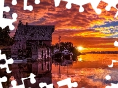 Kutry, Wyspa Toftøya, Zachód słońca, Morze Północne, Norwegia, Łodzie, Dom
