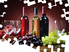Wina, Trzy, Kieliszki, Winogrona, Trzy, Butelki