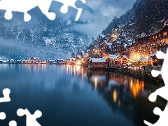 Domy,  Austria, Jezioro Hallstattersee, Mgła, Góry, Halls