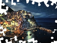 Zatoka, Manarola, Skały, Noc, Morze, Włochy