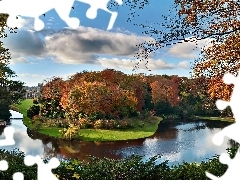 Zamek, Jezioro, Światło, Cień, Chmury, Park