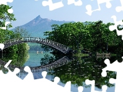 Góra, Japonia, Woda, Drzewa, Mostek