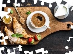 Dzbanuszek, Mleko, Deska, Rogaliki, Dżem, Kawa, Filiżanka, Truskawki