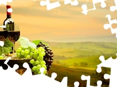 Wino, Butelka, Beczka, Krajobraz, Winogrona, Kieliszki
