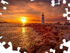 Santa Cruz, Stan Kalifornia, Chmury, Stany Zjednoczone, Wschód słońca, Latarnia morska Walton Lighthouse, Morze, Kamienie