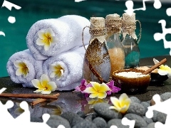 Kwiaty, Plumeria, Ręczniki, Buteleczki, SPA