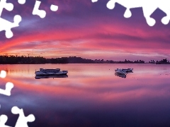 Łódki, Jezioro Loch Rusky, Miejscowość Callander, Szkocja, Zachód słońca, Park Narodowy Loch Lomond and the Trossachs