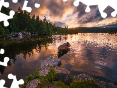 Ringerike, Norwegia, Zachód słońca, Jezioro Oyangen, Las,