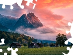 Góry, Gmina Mittenwald, Mgła, Las, Chmury, Drzewa, Domki,