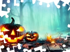 Liście, Dynie, Mgła, Świece, Halloween, Drzewa, Rozmyte tło