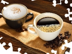Ziarna, Czarna, Worek jutowy, Cappuccino, Kawa, Filiżanki, Drewno