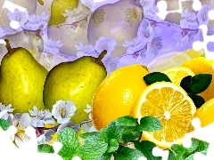 Kwiatki, Grafika, Cytryny, Mięta, Gruszki