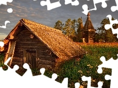 Chmury, Domek, Łąka, Obwód archangielski, Kwiaty, Drewnia