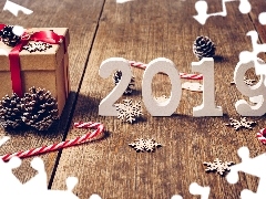 2019, Prezent, Słomki, Ozdoby, Szyszki, Cyfry, Nowy Rok, Gwiazdki
