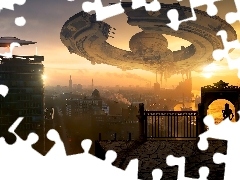 Statki kosmiczne, Fantasy, Kobieta, Zachód słońca, Brama,