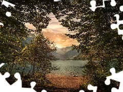 Góry Alpy, Jezioro Klontalersee, Ponton, Wschód słońca, 