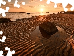 Kamienie, Zachód słońca, Brzeg, Plaża, Morze