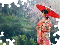 Czerwona, Parasolka, Azjatka, Kimono, Kobieta