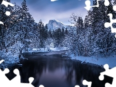 Rzeka Merced River, Góry, Stany Zjednoczone, Las, Stan Kalifornia, Zima, Park Narodowy Yosemite, Drzewa