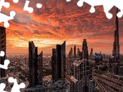 Wieżowce, Dubaj, Niebo, Drapacze chmur, Zjednoczone Emiraty Arabskie, Zachód słońca, Chmury