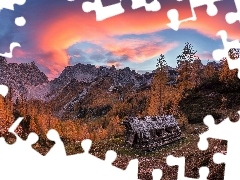 Alpy Julijskie, Drzewa, Zachód słońca, Drewniana, Szopa, 