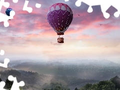Drzewa, Balony, Mgła, Ptaki, Roślinność, Góry