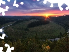 Meander, Wzgórza, Drzewa, Zachód słońca, Rzeka, Zakole