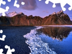 Plaża Stokksnes, Islandia, Morze, Brzeg, Góry, Góra Vestr