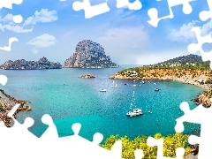 Roślinność, Baleary, Zatoka, Żaglowki, Wyspy, Hiszpania, Ibiza, Morze, Jachty, Skała Es Vedra