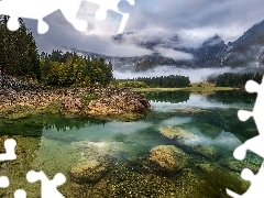 Alpy Julijskie, Jezioro Fusine Lake, Drzewa, Włochy, Skały