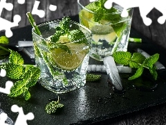 Szklanki, Drinki, Lód, Mięta, Limonka, Mojito